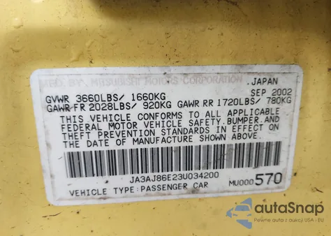 2003 Mitsubishi Lancer Oz Rally from USA, damaged, VIN JA3AJ86E23U034200